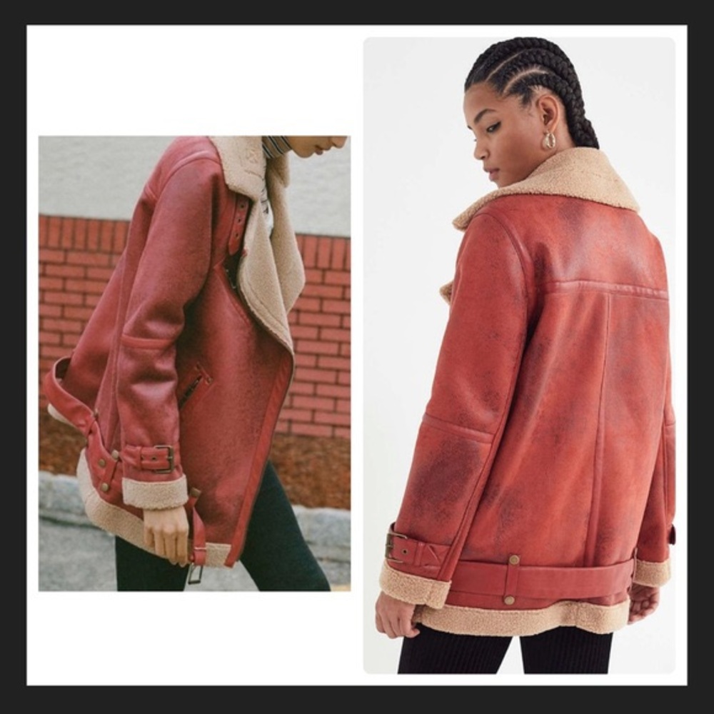 Urban Outfitters Red Faux Leather Jacket with Sherpa